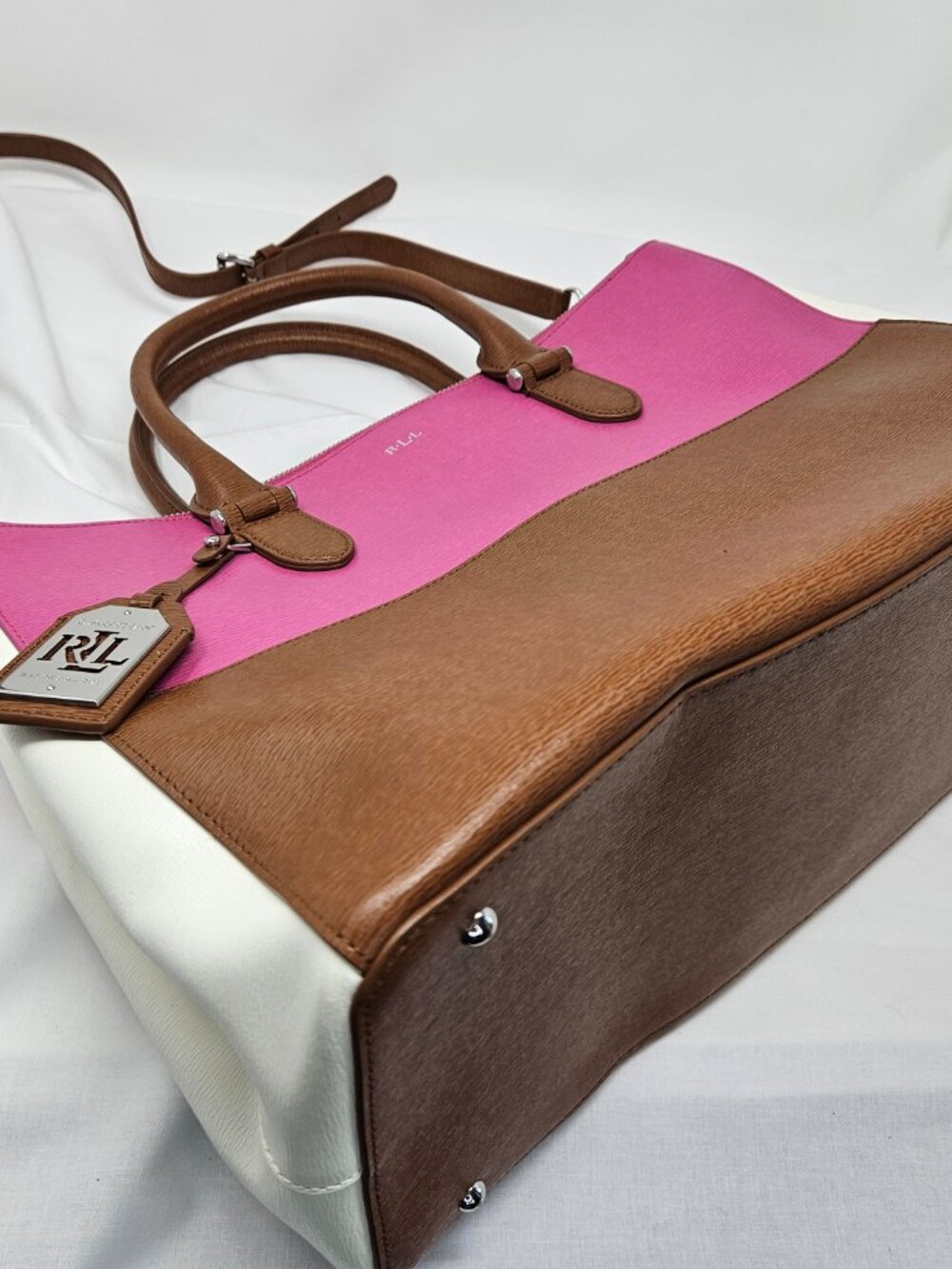 Lauren Ralph Lauren Newbury Tri-Color Leather Handbag - Brown / Vanilla / Rose - Picture 5 of 11